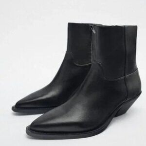 ZARA Black Leather Cowboy Ankle Boots Size 36